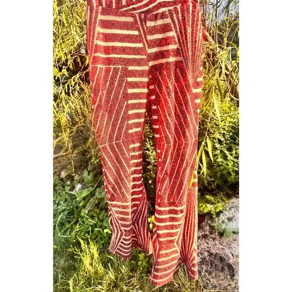 Red & Orange screaming stretch sequin flared stretch pants (125) - Picture 7 of 11